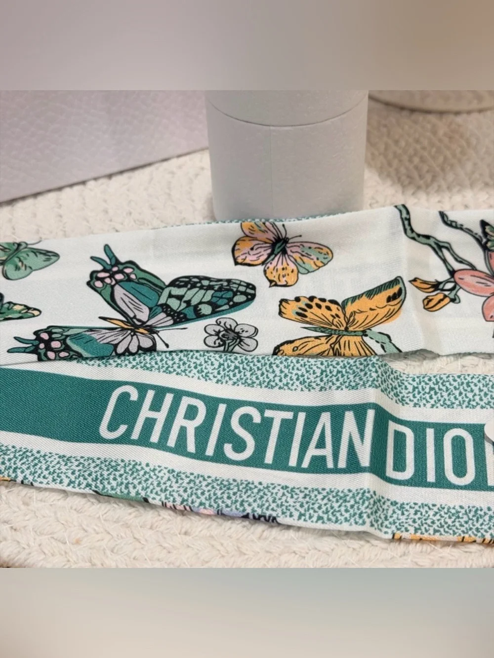 NWT Full Inclusion Dior Butterfly & Floral Silk Scarf Green & White